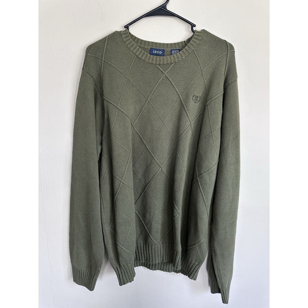 VTG IZOD 100% Cotton Sweater MEDIUM Sage Green Argyle Windowpane Long Sleeve